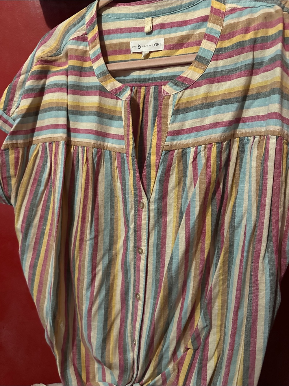 LOFT Pastel Multi-Stripe Button-Front Shirt. Tie front linen blend